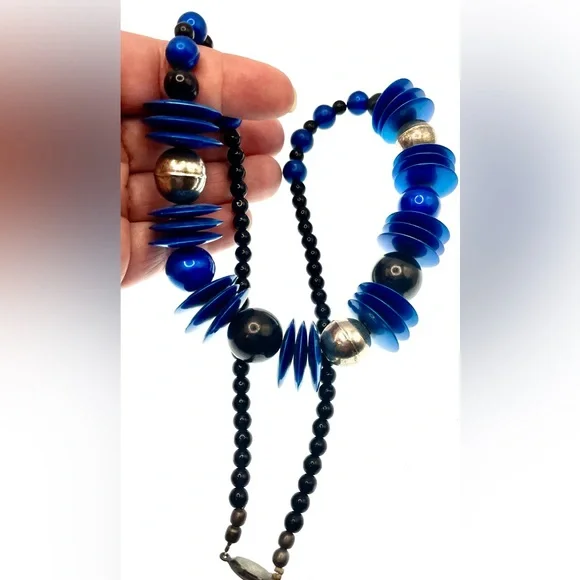 3 for $30 Vintage 1980s Blue Black and SilverTone Long Beaded Statement Necklace - Picture 5 of 7